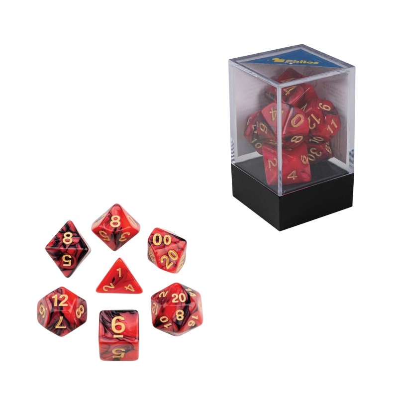 Dés, oblivion, rouge, set de 7 pièces dans boîte acrylique