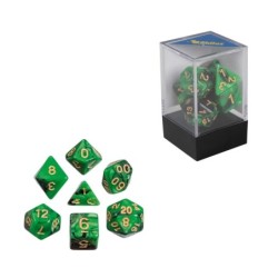 Dés, oblivion, vert, set de 7 pièces dans boîte acrylique
