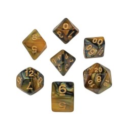 Dés, oblivion, jaune, set de 7 pièces dans boîte acrylique
