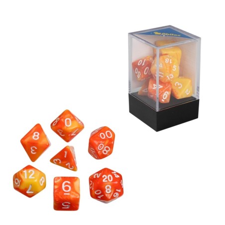 Dés, oblivion, orange, set de 7 pièces dans boîte acrylique